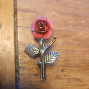 Antique Red Rose Brooch with Silver-tone Stem